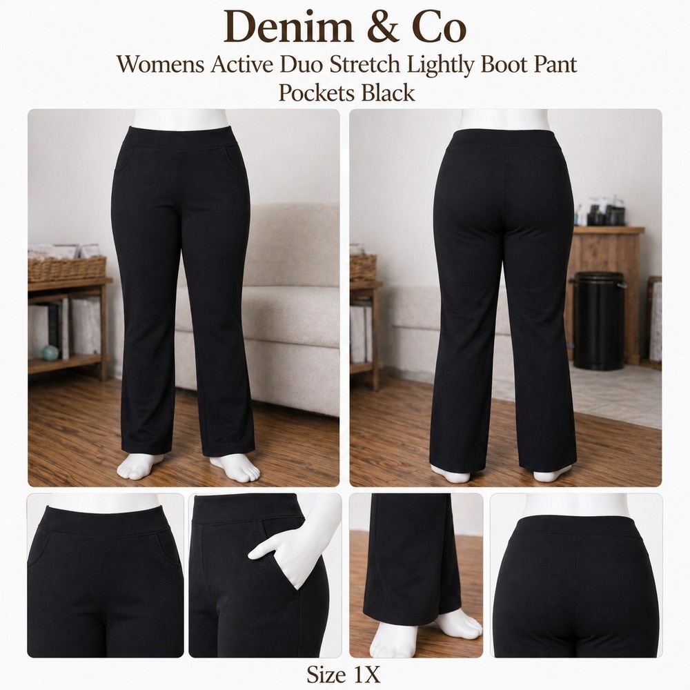 Denim & Co Womens Active Duo Stretch Lightly Bootcut Pants Black Pockets 1X New